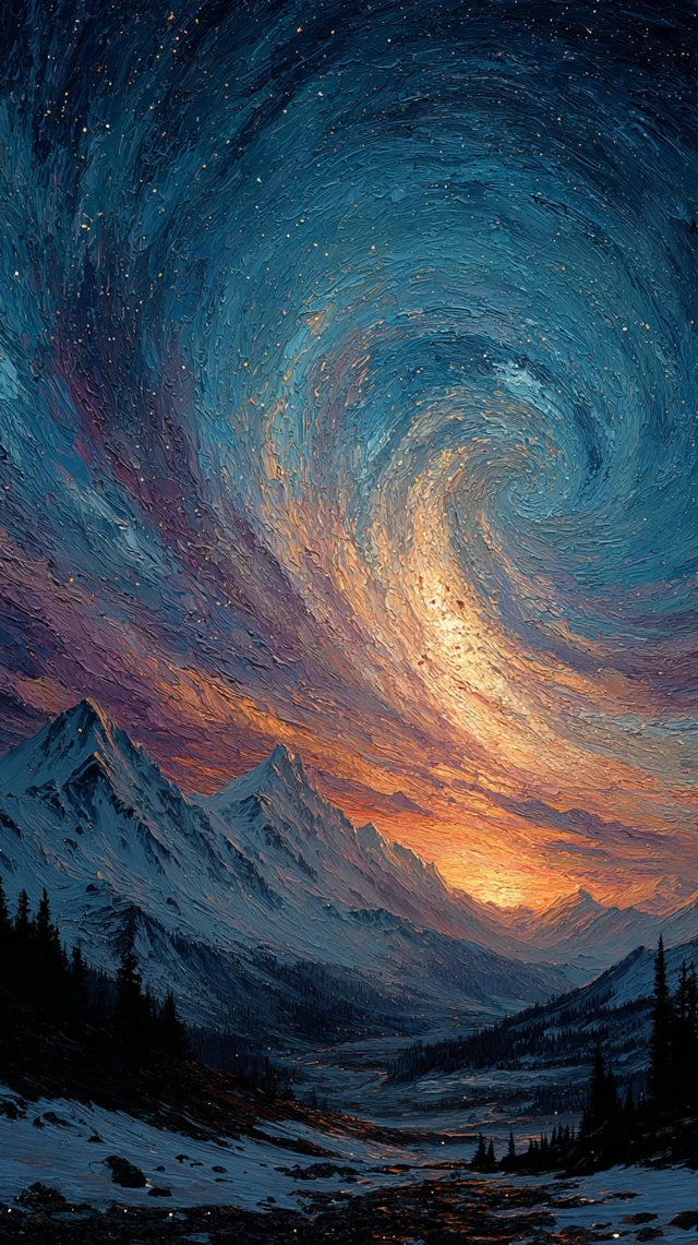 Nightscape Galaxy over Snowcapped Mountains
