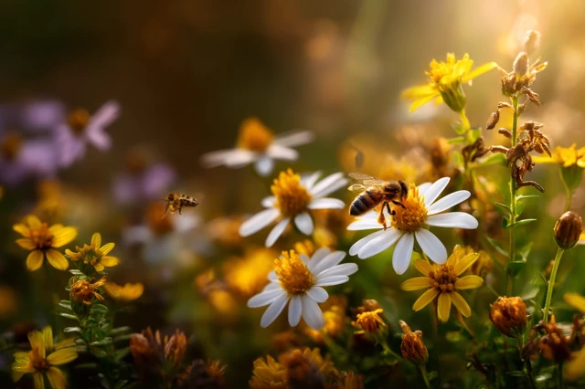 Sunlit Meadow Bees and Flowers Nature Photography