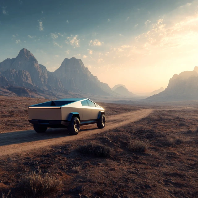 Futuristic Pickup Truck Driving Through Desert Landscape