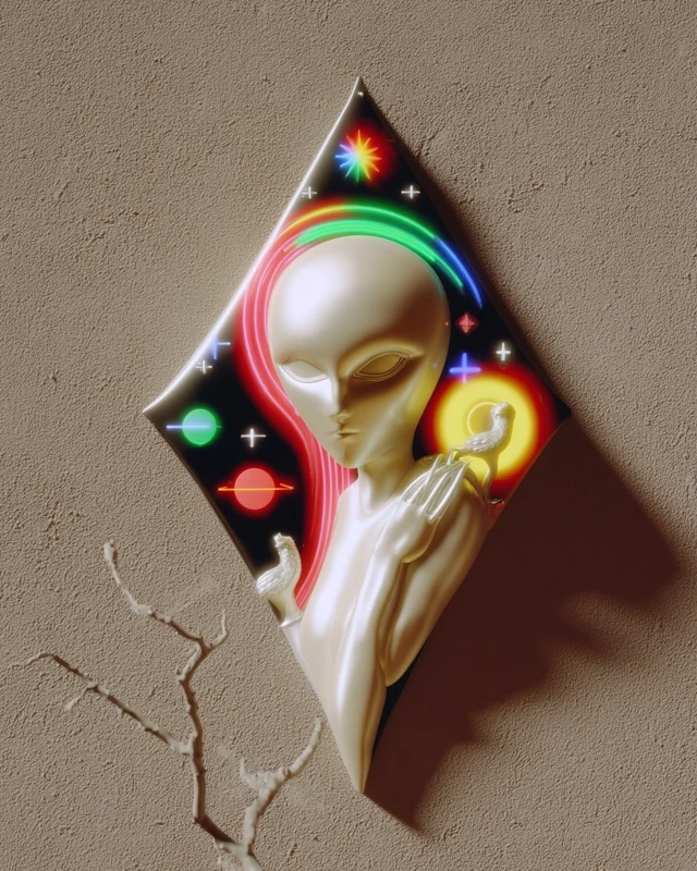 Neon Alien Decalcomania Vintage Art