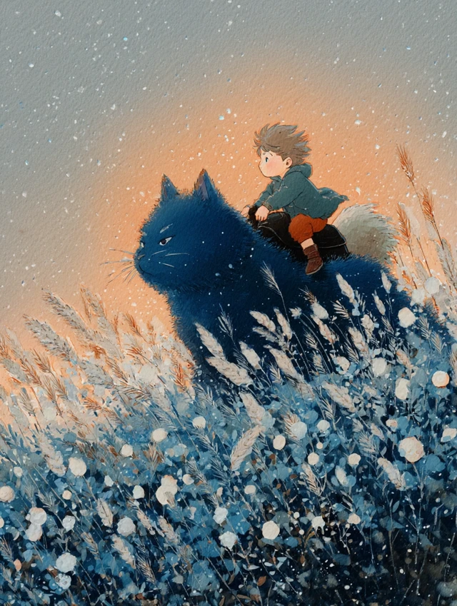 Girl and Cat Ride Through Sunset Field Watercolor Ghibli