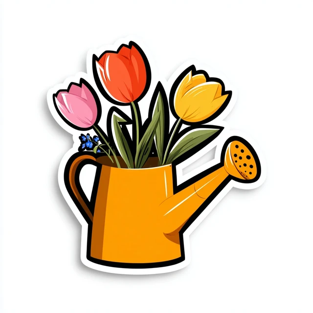 Cute Watering Can with Tulips Vector Sticker