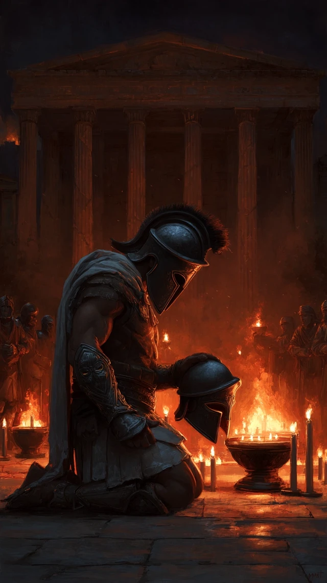 Spartan Warrior Praying at Altar of Ares