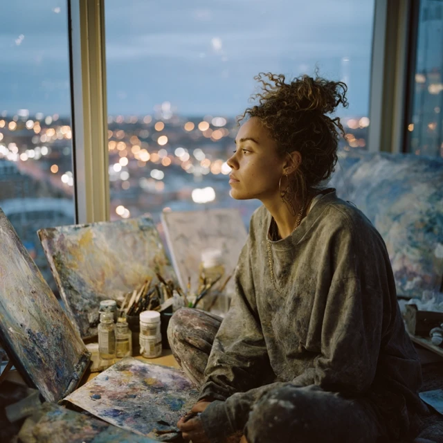 Artist Painting in Apartment at Twilight