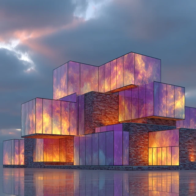 Voxel Architecture: Red Brick Cubes and Translucent Glass