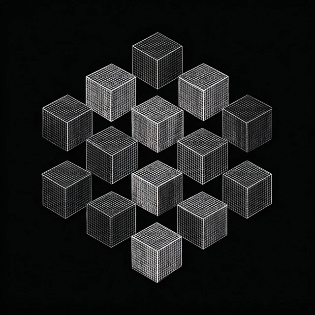 Rotating Cube Grid Abstract Art on Black Background