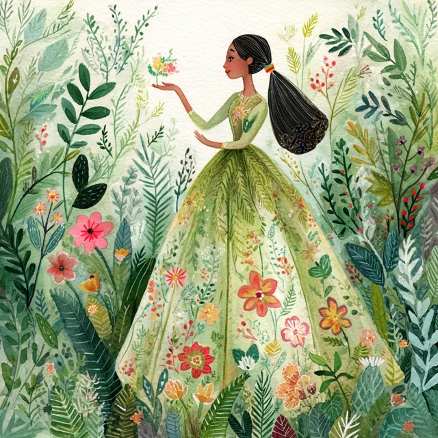 Whimsical Watercolor Lady in the Forest Illustration