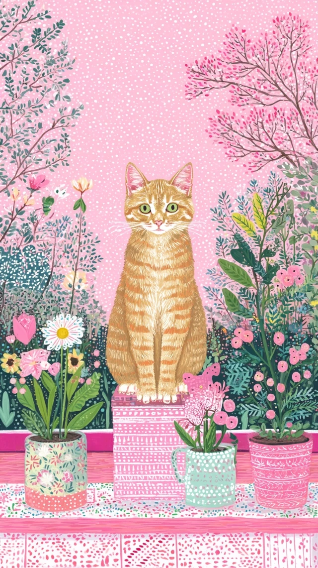 Happy Tabby Cat Folk Art Illustration