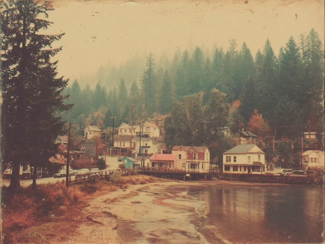 Vintage Oregon Town Autumn Lake Scene 60s Photography