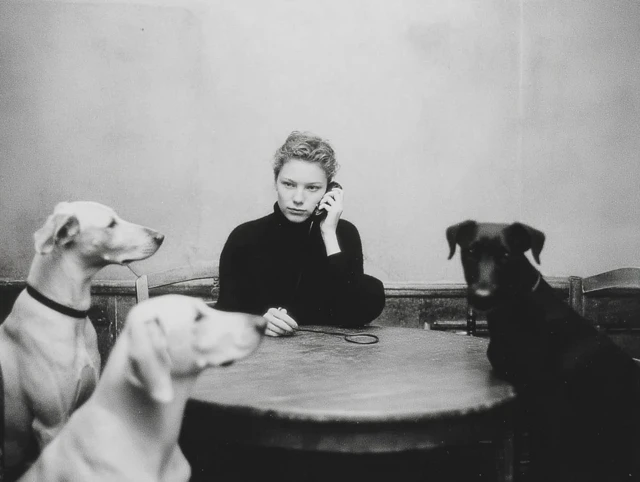 Black and White Portrait Woman Dogs Domestic Chaos