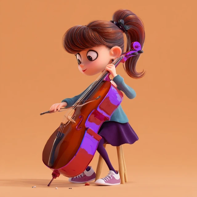 Cartoon Girl Playing Cello 3D Illustration