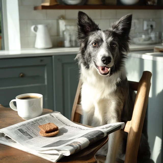Happy Border Collie Dog Reading Newspaper in Kitchen