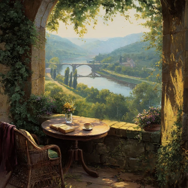 Morning Terrace Overlooking River and Bridge