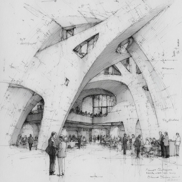 Architectural Office Interior Sketch by Gaudi Libeskind Hadid