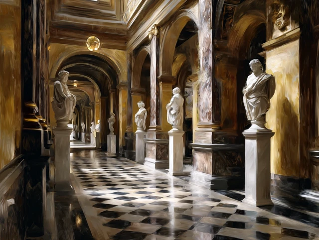 Neoclassical Hallway Marble Statues Golden Light