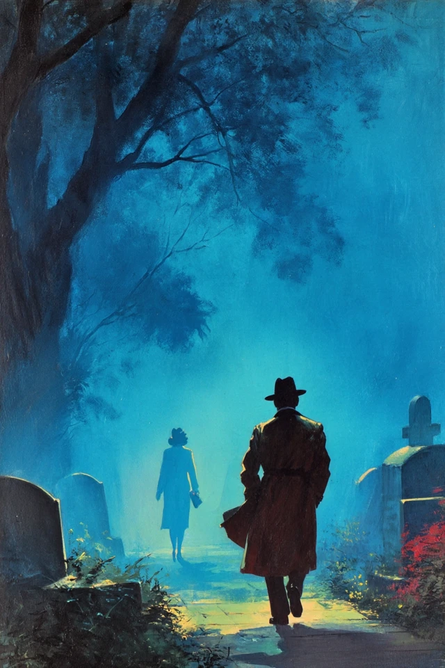 Noir Detective and Woman Cemetery Painting