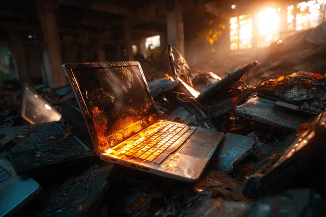 Damaged Laptop Dump Sunlight Day Wide Top View