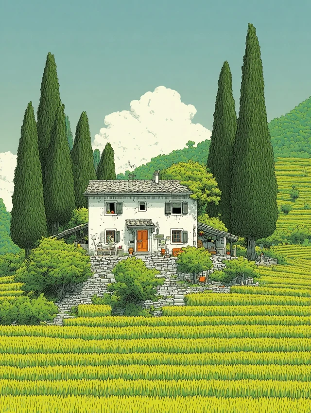 Farmhouse on Green Fields Illustration
