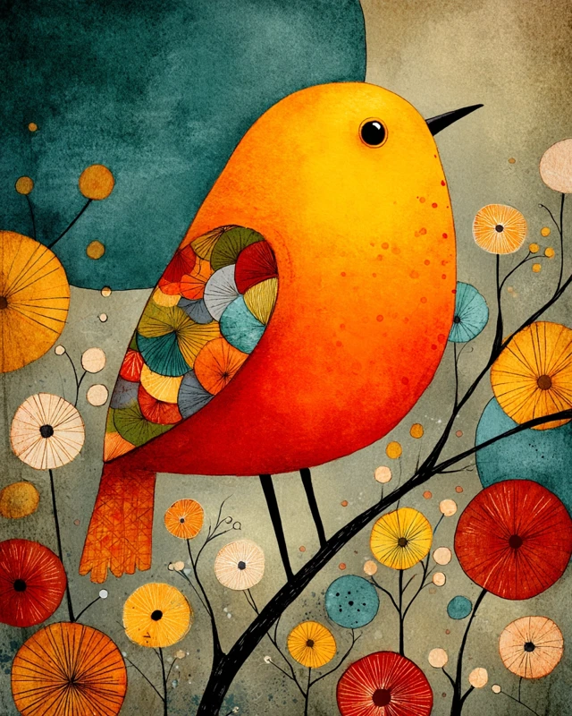 Whimsical Bird Watercolor Painting Folk Art