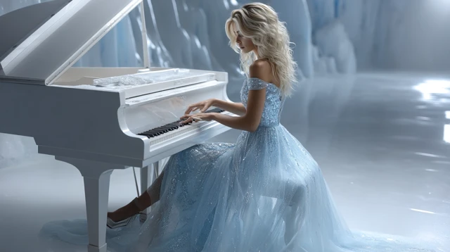 Woman Plays Piano in Ice Palace Elegant Gown