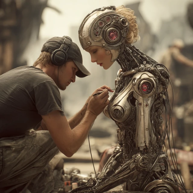 Man Repairing Bionic Woman in Dystopian Scene