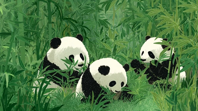 Pandas Eating Bamboo and Playing in the Green Grass
