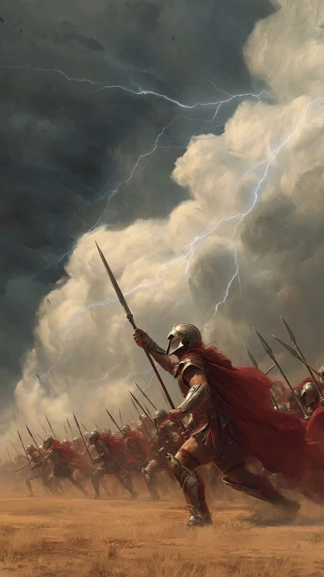Spartan King Leads Charge in Thunderstorm Epic Scene