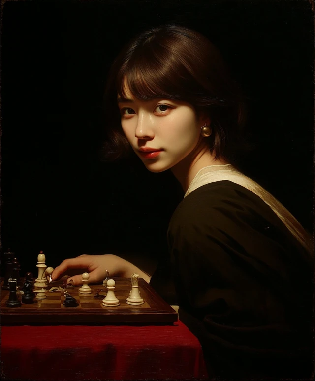 Asian Woman Playing Chess Caravaggisti Painting