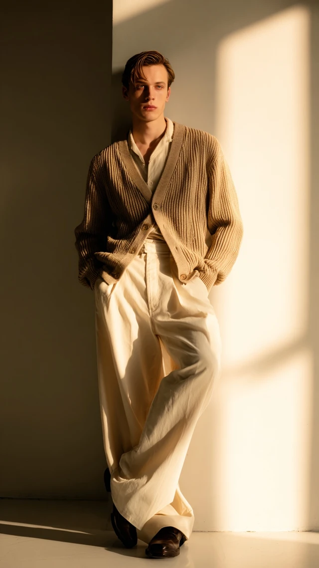 Male Model in Beige Cardigan Editorial Photography