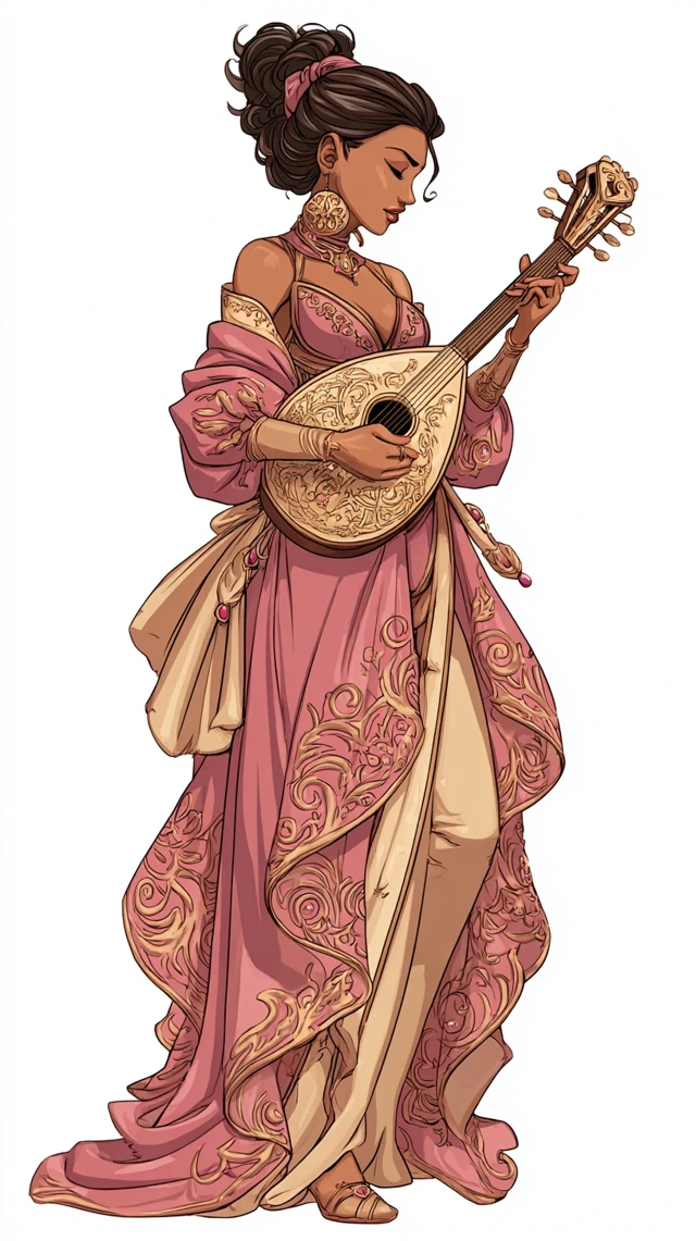 Female Bard Playing Lute in Court Illustration