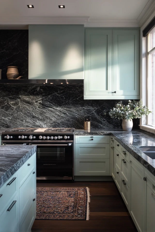 Modern Industrial Kitchen Seafoam Green Marble