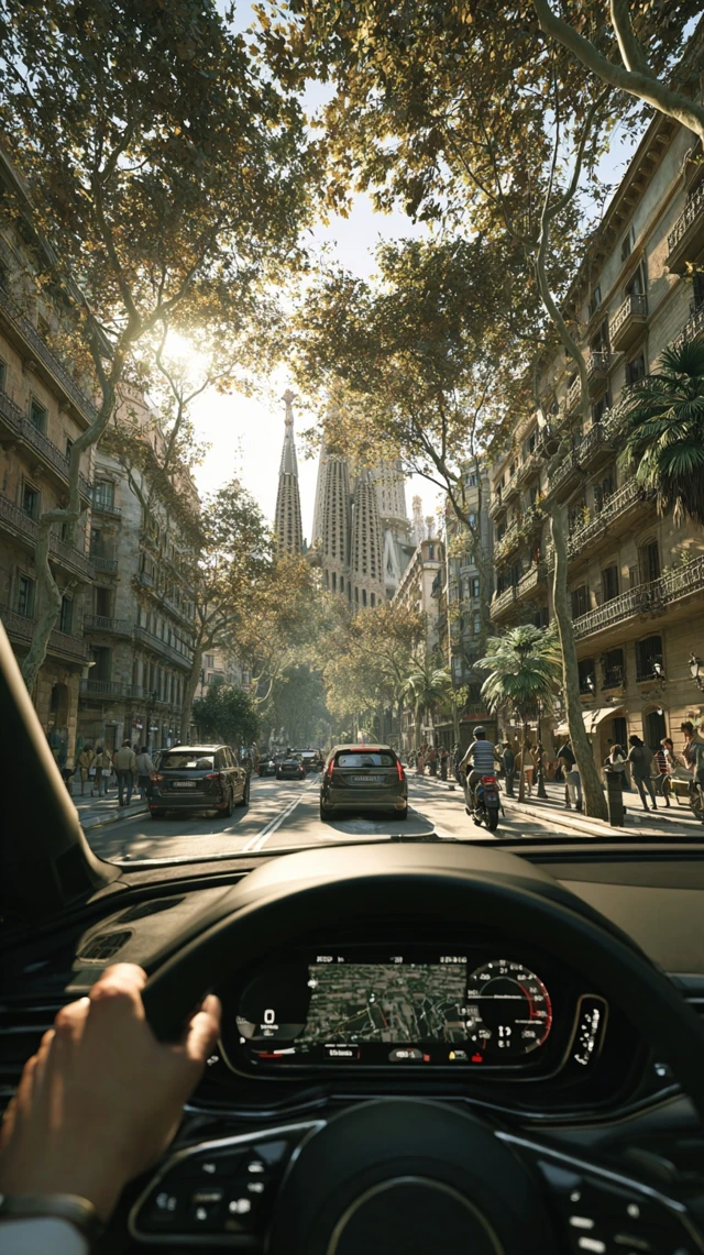 Barcelona Drive View Sagrada Familia Modern Car