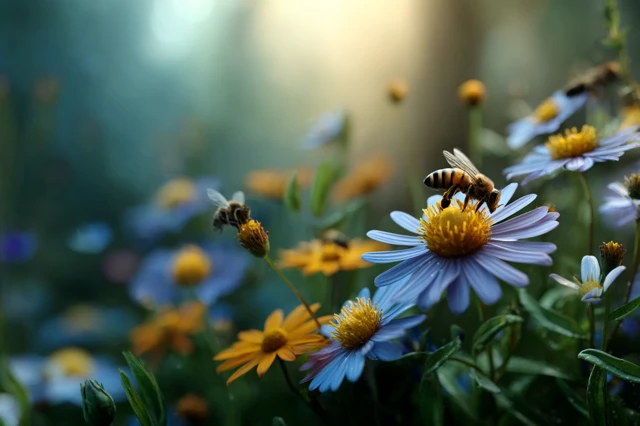 Sunlit Meadow Bees and Flowers Nature Photography