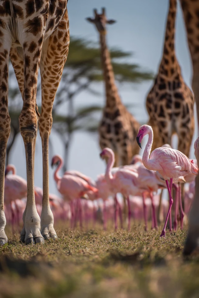 Giraffes and Flamingos in the Savanna Landscape