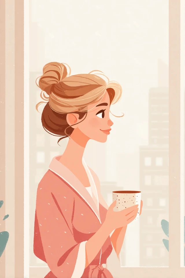 Blonde Woman Drinking Coffee in Apartment Illustration