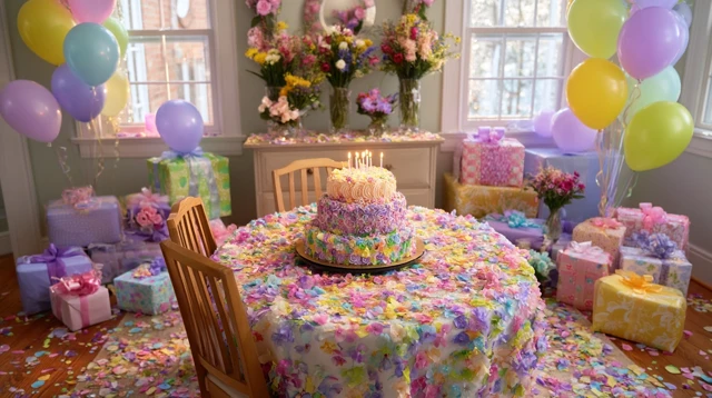 Birthday Cake with Flowers Candles and Presents
