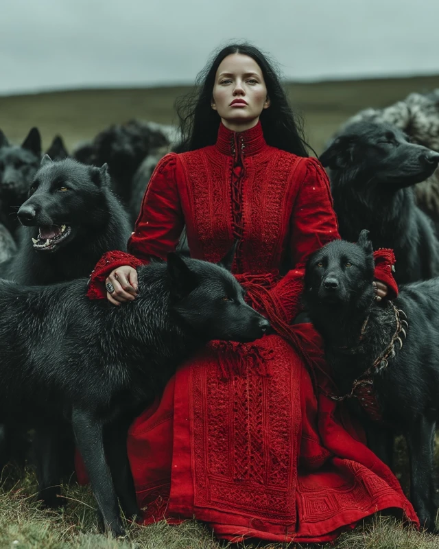 Asgardian Queen with Black Dogs: Hyper Realistic Photography