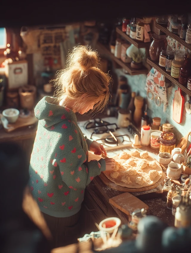 Girl Makes Pizza in a Cozy Kitchen