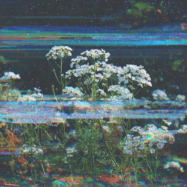 Glitch Art White Flowers Retro Design