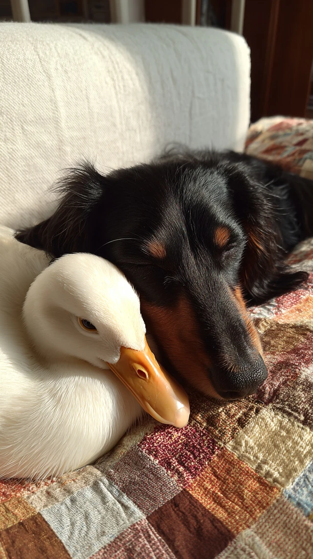 Dachshund and Duck Sleeping Cute Pets Snuggled Up