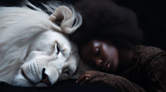 Girl and White Lion Sleeping Realistic Photo