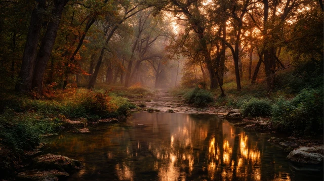 Autumn Forest Sunset Serene Scene