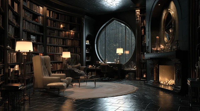 Cozy Gothic Library Room Night Time Interior
