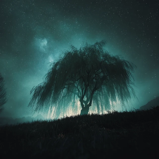 Willow Tree on a Starry Night Teal Backlighting