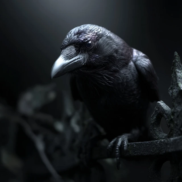 Black Crow Perched on Fence in Dark Scene