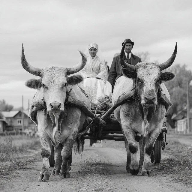 Kazakh Wedding Retro Ox Cart Bride Groom