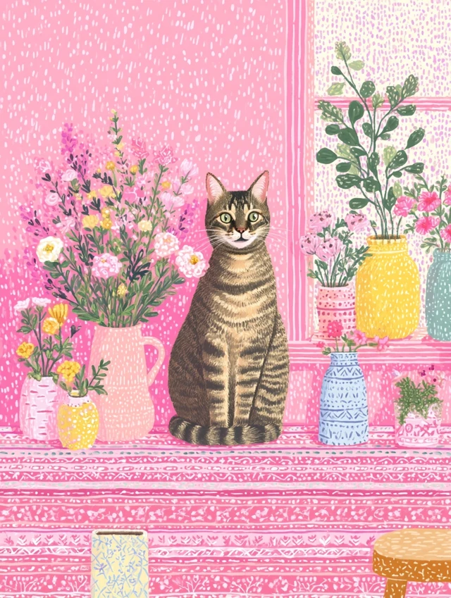Happy Tabby Cat Folk Art Illustration