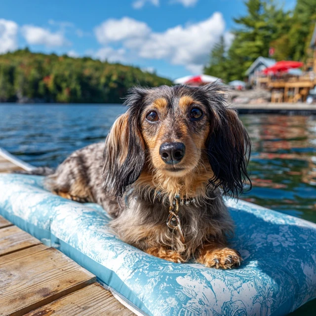 Dachshund on a Float Relaxing in Ontario Lake