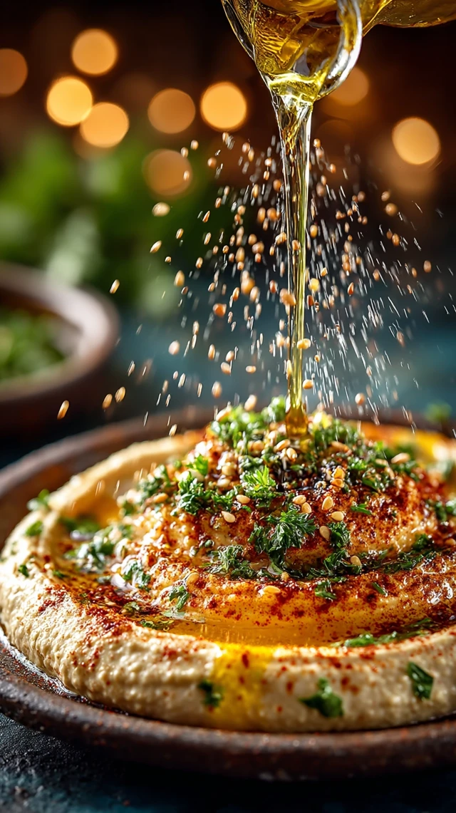 Hummus with Olive Oil Paprika and Parsley Slow Motion