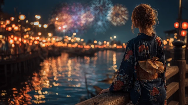 Japanese Woman Fireworks Festival Night Scene